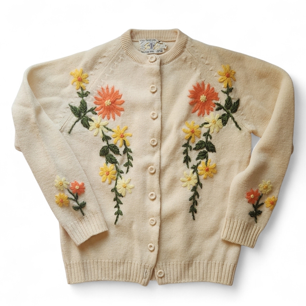 Vintage Floral Embroidered Cardigan Sweater